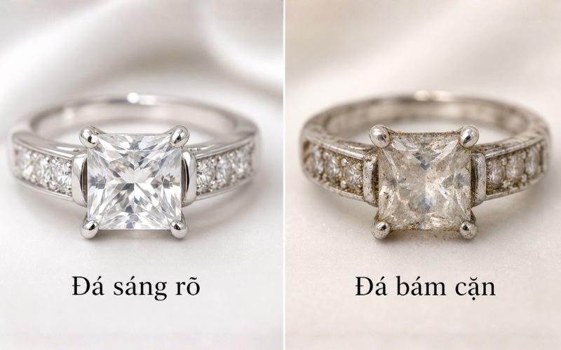 Nhẫn CZ mờ do bám cặn ở gầm đá, khe chấu và mặt trong nhẫn
