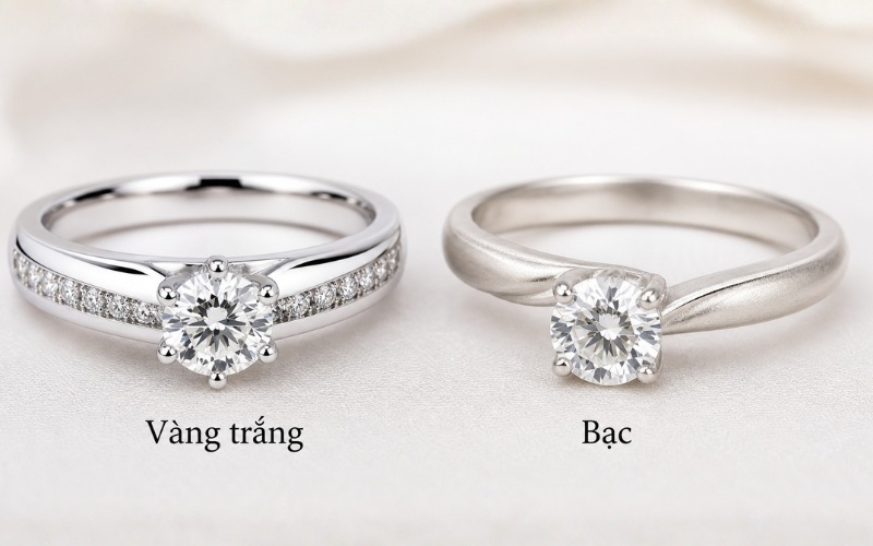 Nhẫn vàng trắng có bề mặt trắng lạnh và bóng mạnh