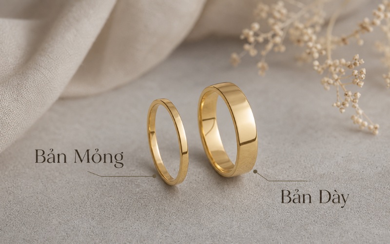 Nhẫn cưới vàng bản mỏng, bản vừa và bản dày khác nhau chủ yếu ở độ rộng bản nhẫn