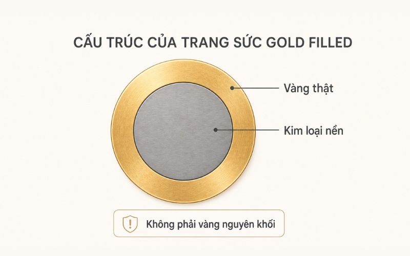 Gold filled là vật liệu có lớp vàng thật ở bên ngoài được liên kết bền với một kim loại nền ở bên trong
