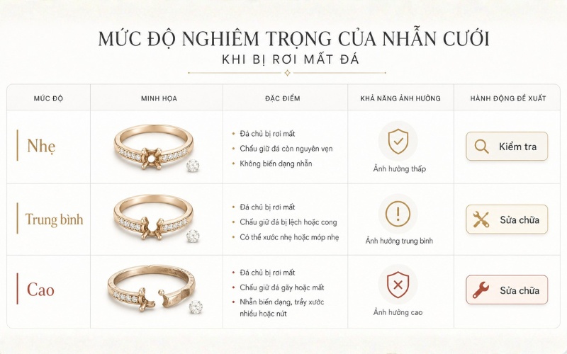 Bảng phân biệt mức độ nhẫn cưới bị rơi đá