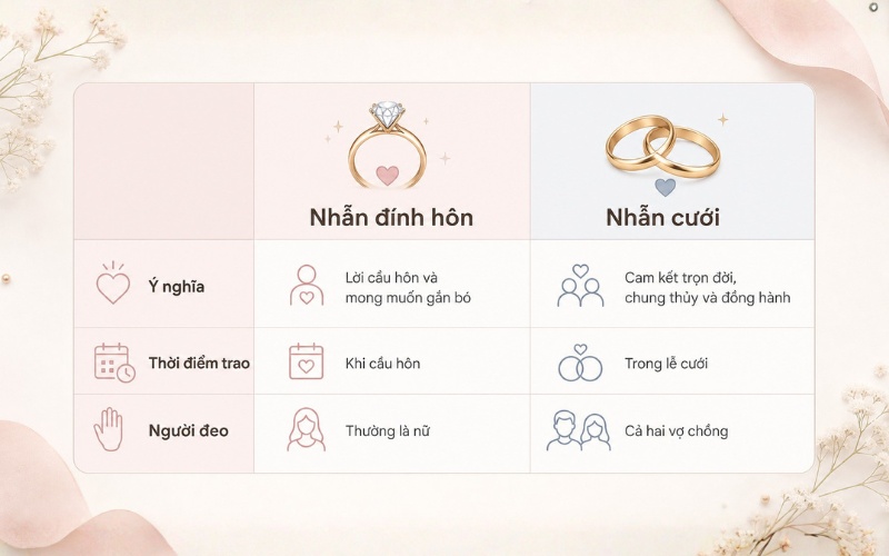 Bảng so sánh nhẫn đính hôn và nhẫn cưới