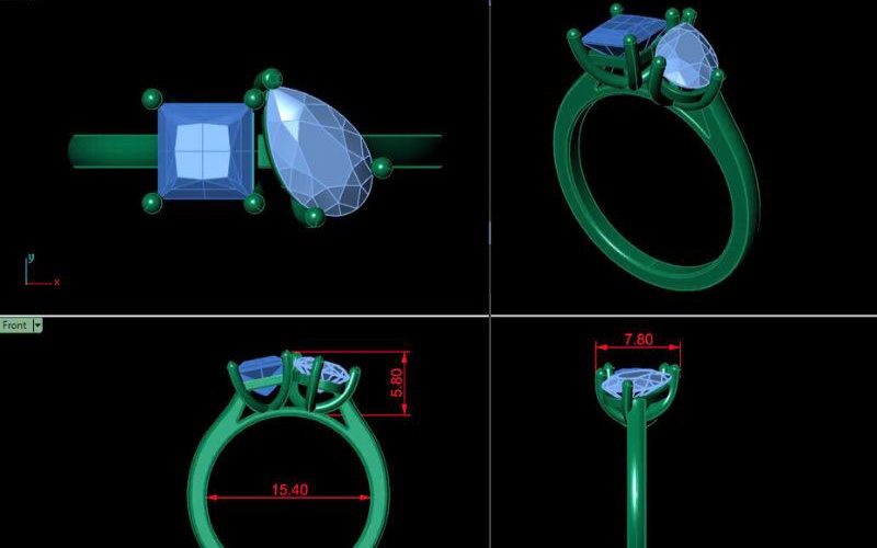 Bản vẽ 3D là mô phỏng trực quan cho phép nhìn tỷ lệ tổng thể, vị trí đá, chiều dày, bề rộng và form nhẫn