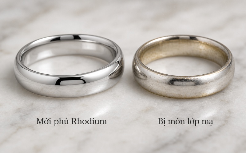 Xi mạ vàng trắng là quá trình phủ một lớp Rhodium lên bề mặt trang sức vàng trắng để tăng độ trắng sáng