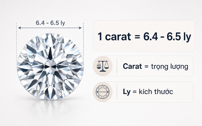 1 carat kim cương tròn có kích thước khoảng khoảng 6.3 đến 6.6 mm