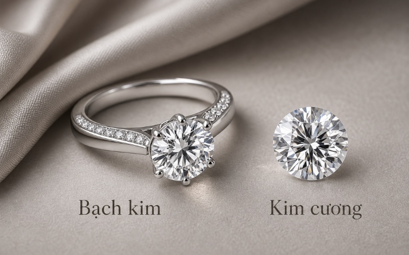 Bạch kim là phần thân nhẫn và chấu còn kim cương là viên chủ hoặc đá đính