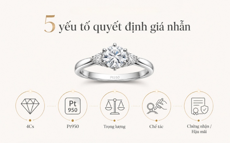 5 yếu tố quyết định giá nhẫn bạch kim đính kim cương