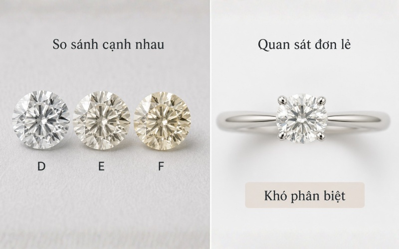 So sánh 3 viên kim cương đặt cạnh nhau và ảnh nhìn riêng lẻ từng viên