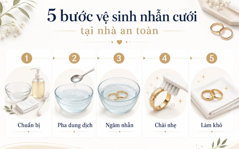 Quy trình 5 bước vệ sinh nhẫn cưới tại nhà an toàn