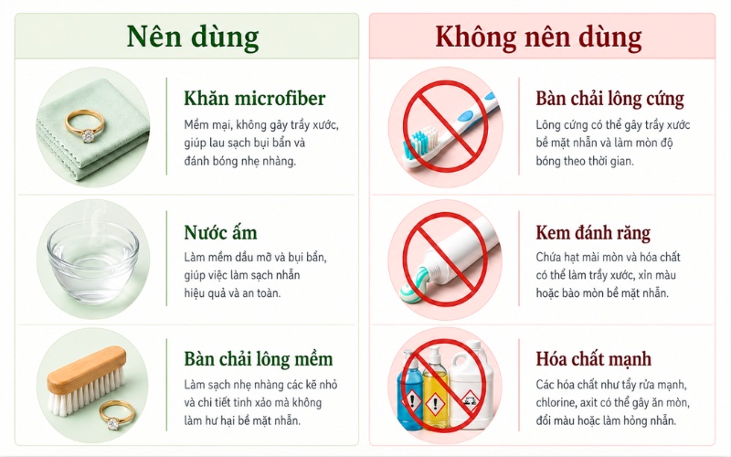 Các vật dụng nên và không nên dùng khi vệ sinh nhẫn cưới tại nhà