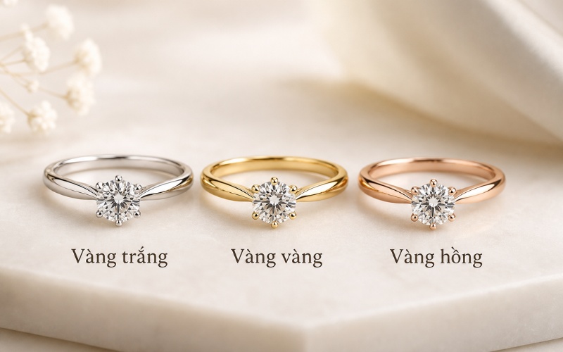 Nhẫn kim cương màu vàng trắng, vàng vàng và vàng hồng