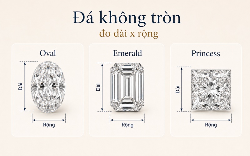 Cách đo viên kim cương dáng oval, emerald và princess