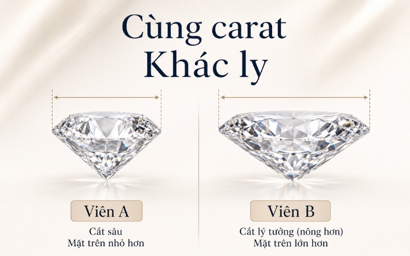 So sánh hai viên cùng 1 carat nhưng ly khác nhau