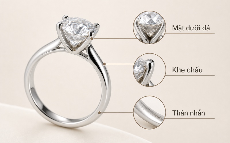 Các vị trí dễ bám bẩn trên nhẫn kim cương và chấu nhẫn