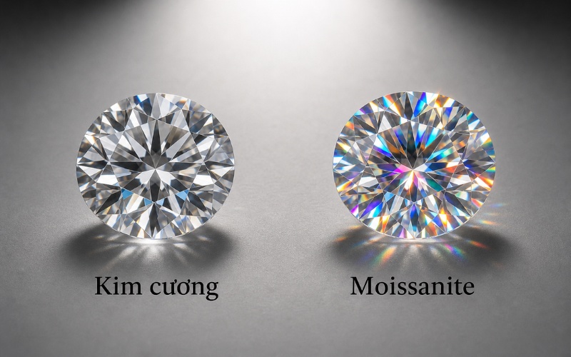 So sánh hiệu ứng cầu vồng của kim cương và đá Moissanite dưới ánh đèn mạnh