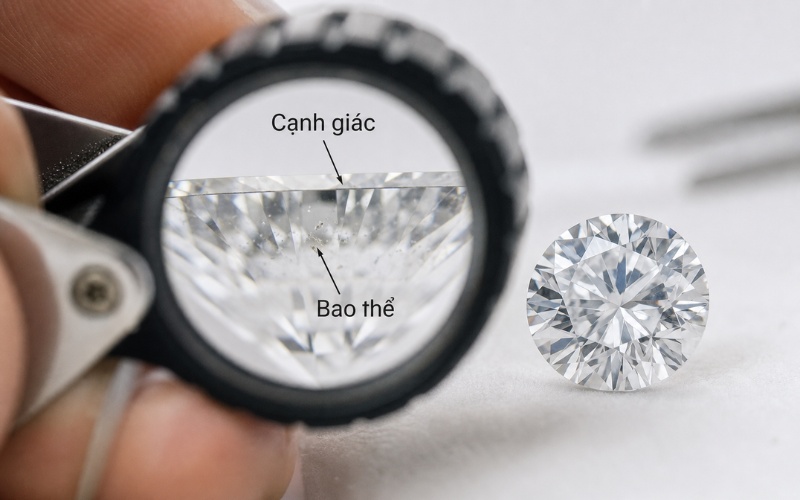 Soi viên đá bằng kính lúp 10x để kiểm tra bao thể