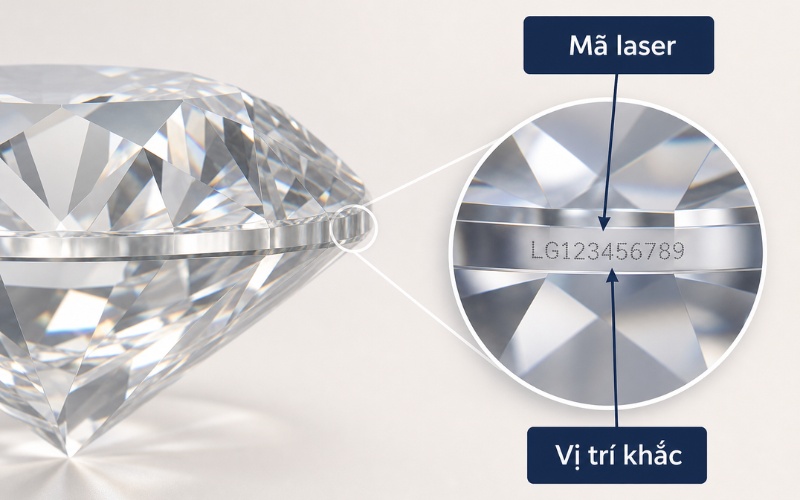 Vị trí mã laser được khắc trên cạnh viên kim cương