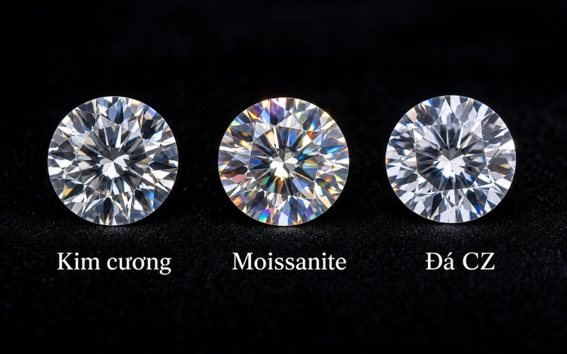 So sánh kim cương, đá Moissanite và Cubic Zirconia dưới cùng điều kiện ánh sáng