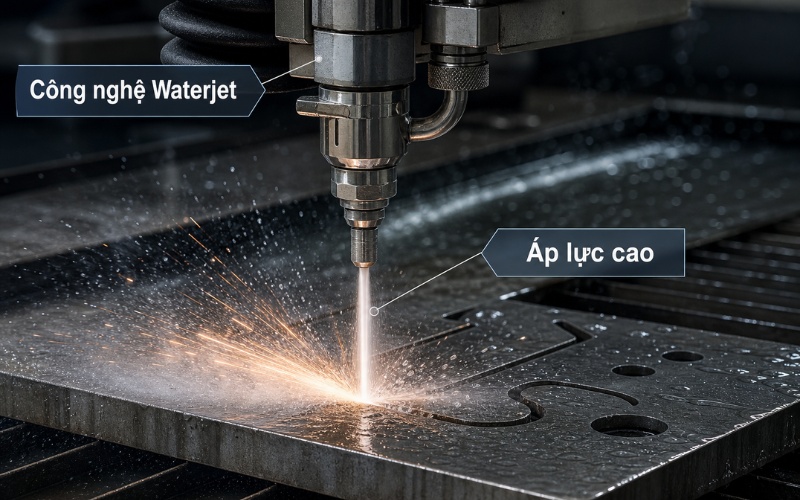 Hệ thống waterjet công nghiệp với tia nước áp lực cao và hạt mài