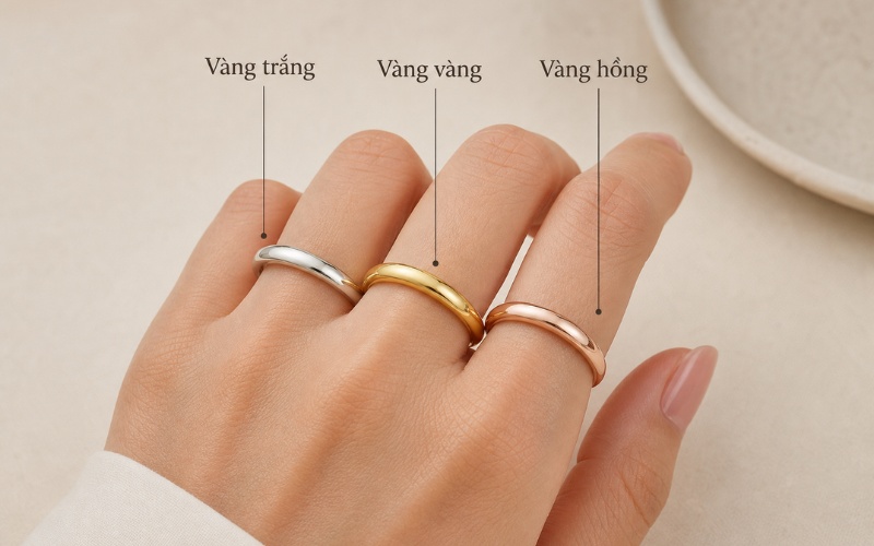 Nhẫn vàng trắng, vàng hồng và vàng vàng khi đeo trên tay