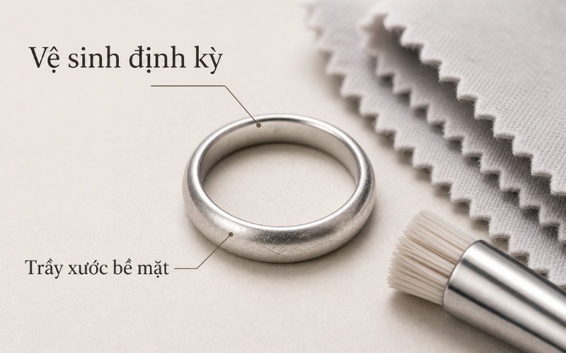 Với nhẫn cưới bạc, bạn có thể phải vệ sinh, đánh bóng hoặc chú ý bảo quản