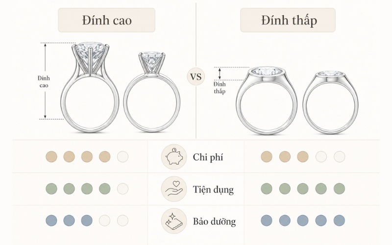 Thiết kế nhẫn cưới kim cương đính cao và đính thấp