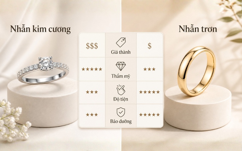 So sánh nhẫn cưới kim cương và nhẫn cưới trơn theo nhiều tiêu chí