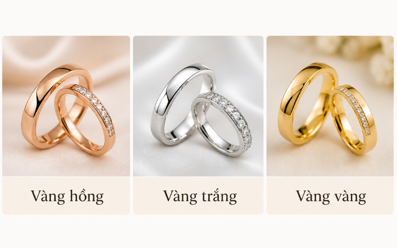 Nhẫn cưới vàng hồng, vàng trắng và vàng vàng