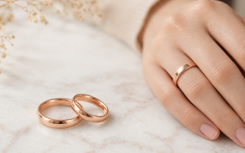 Nhẫn cưới vàng hồng 14K thiết kế bản trơn tối giản và hiện đại