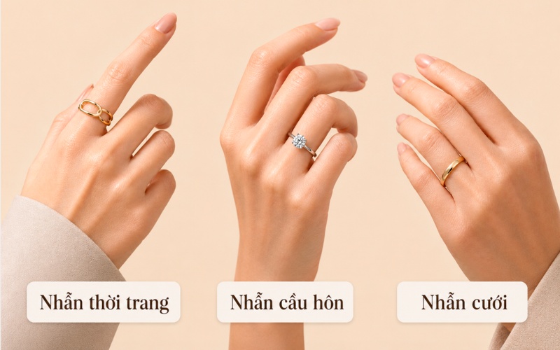 Nhẫn thời trang, nhẫn cầu hôn và nhẫn cưới trên ba vị trí đeo riêng biệt
