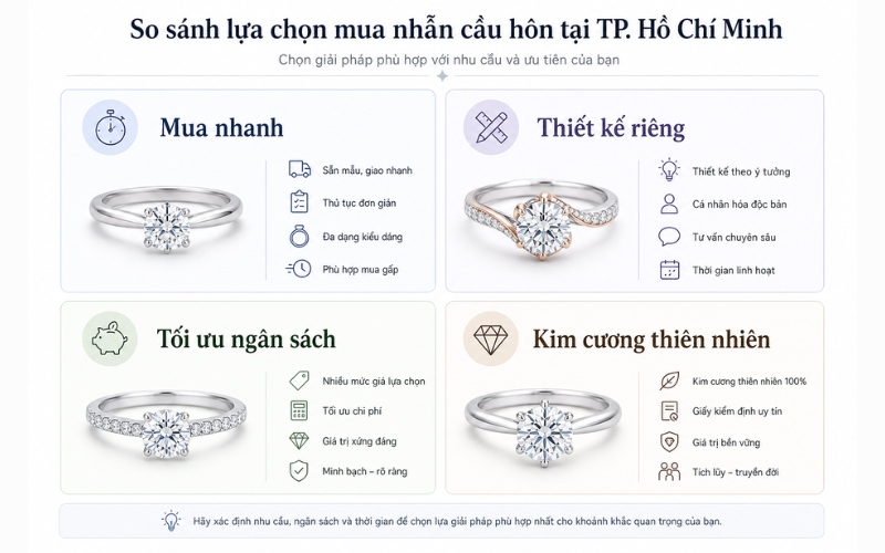 Không có một đáp án duy nhất cho câu hỏi mua nhẫn cầu hôn ở đâu tại TP.HCM