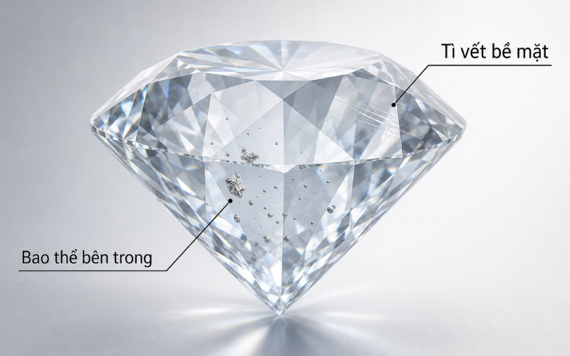 Viên kim cương với bao thể bên trong và tì vết bề mặt