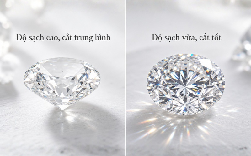 Độ sạch kim cương và giác cắt ảnh hưởng đến độ lấp lánh