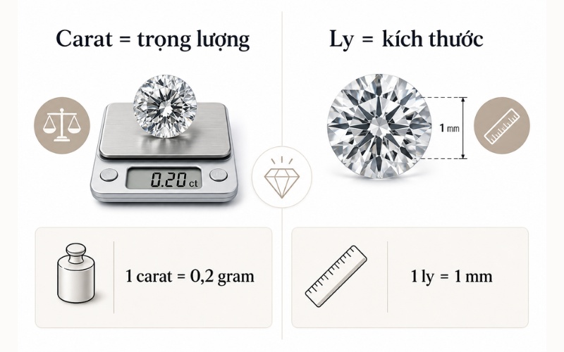 Hai đơn vị đo kim cương phổ biến nhất hiện nay là carat và ly (mm)
