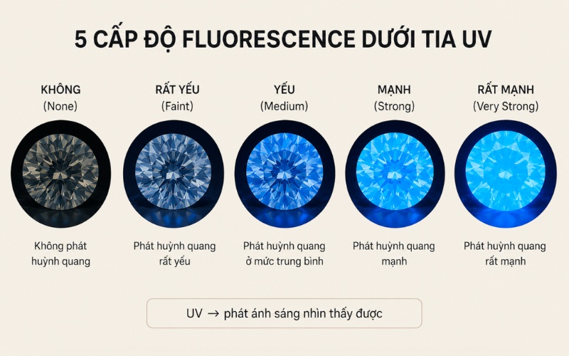 5 cấp độ Fluorescence trên giấy kiểm định GIA