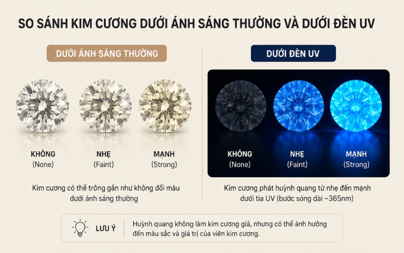 So sánh kim cương dưới ánh sáng thường và dưới đèn UV