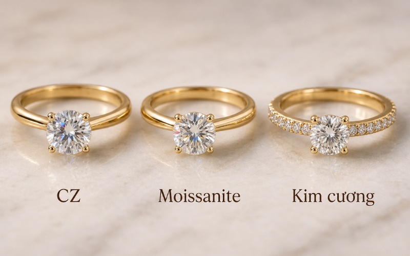 Ổ đá và bề mặt nhẫn cưới vàng 18K với các loại đá chủ khác nhau