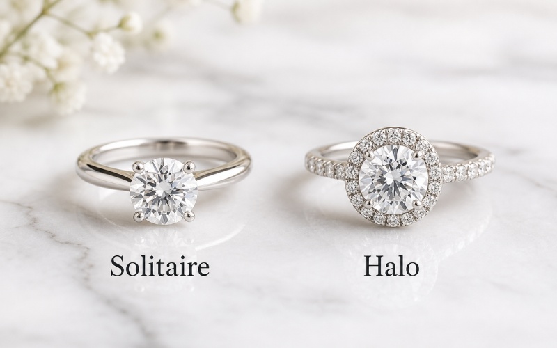 Nhẫn cầu hôn thiết kế Solitaire và Halo lấp lánh