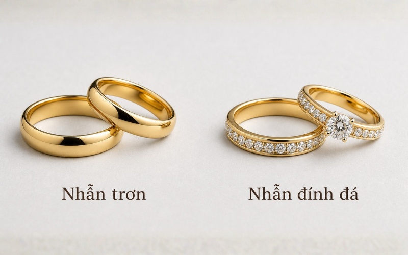 So sánh thiết kế nhẫn trơn và nhẫn đính đá