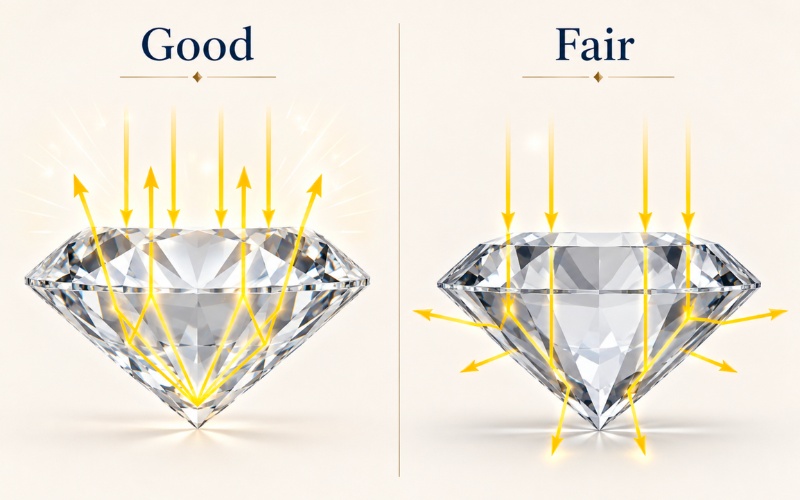So sánh phản xạ ánh sáng của kim cương giác cắt Fair và Good