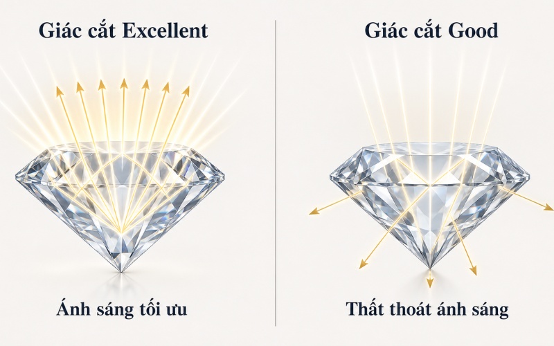 So sánh tia sáng đi vào và phản xạ ra khỏi kim cương Excellent với Good