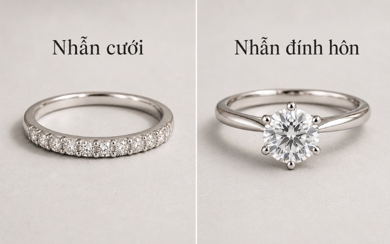Nhẫn cưới đính nhiều đá nhỏ tổng thể hài hòa và nhẫn đính hôn viên chủ nổi bật