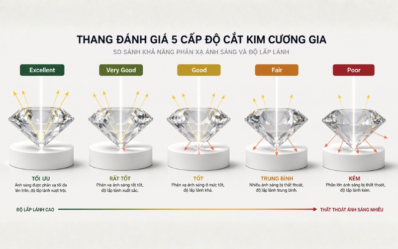 5 mức cut grade kim cương từ Excellent đến Poor
