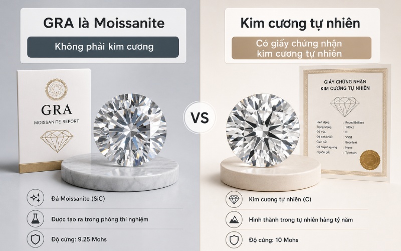 GRA thường xuất hiện với Moissanite, không mặc định là giấy cho kim cương thiên nhiên