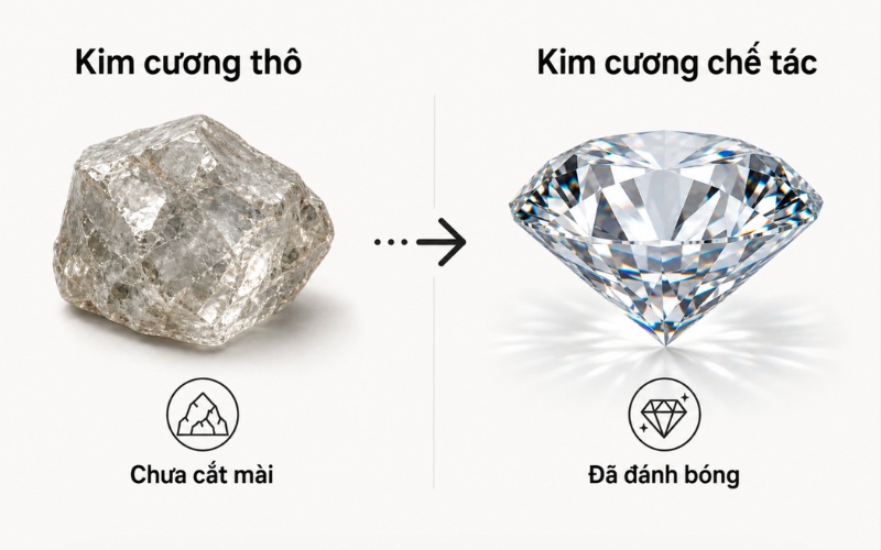So sánh kim cương thô với kim cương chế tác
