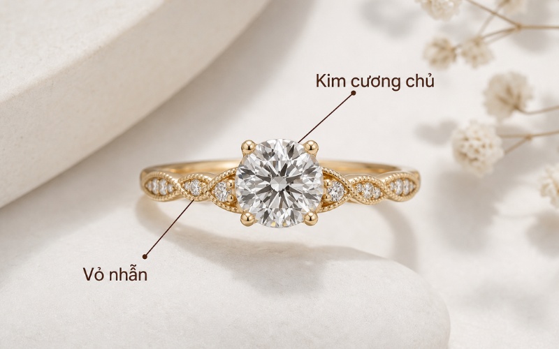 Nhẫn cầu hôn đính viên kim cương lấp lánh với ổ nhẫn tinh tế