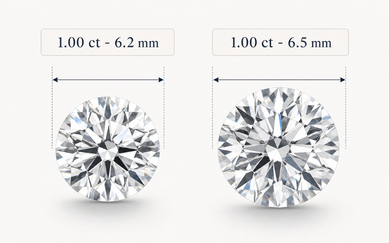 So sánh hai viên cùng 1 carat nhưng đường kính khác nhau