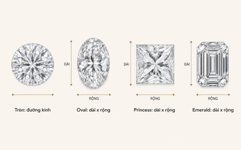 Kích thước kim cương theo các kiểu cắt phổ biến