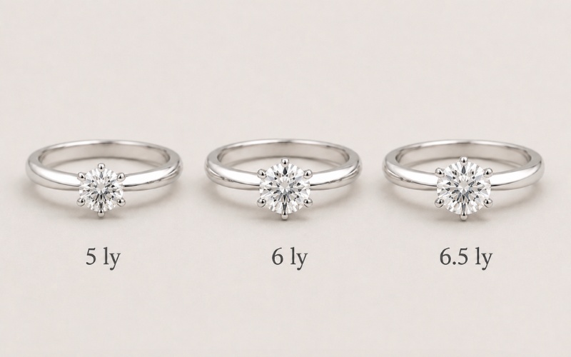 Kim cương 5 ly, 6 ly và 6.5 ly trên nhẫn thực tế