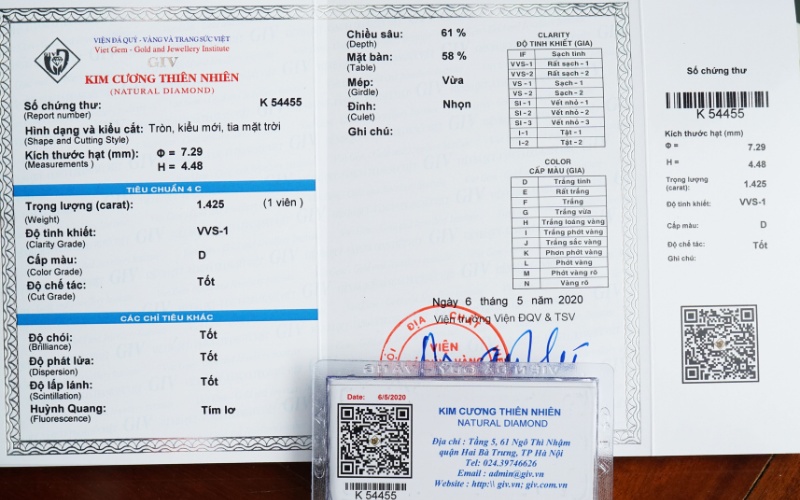 Giấy kiểm định kim cương GIV ghi nhận thông số của viên đá sau giám định